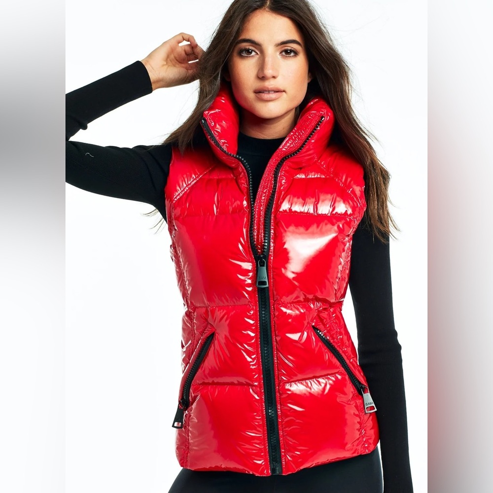 SAM. Glossy Red Puffer Vest with High Collar
